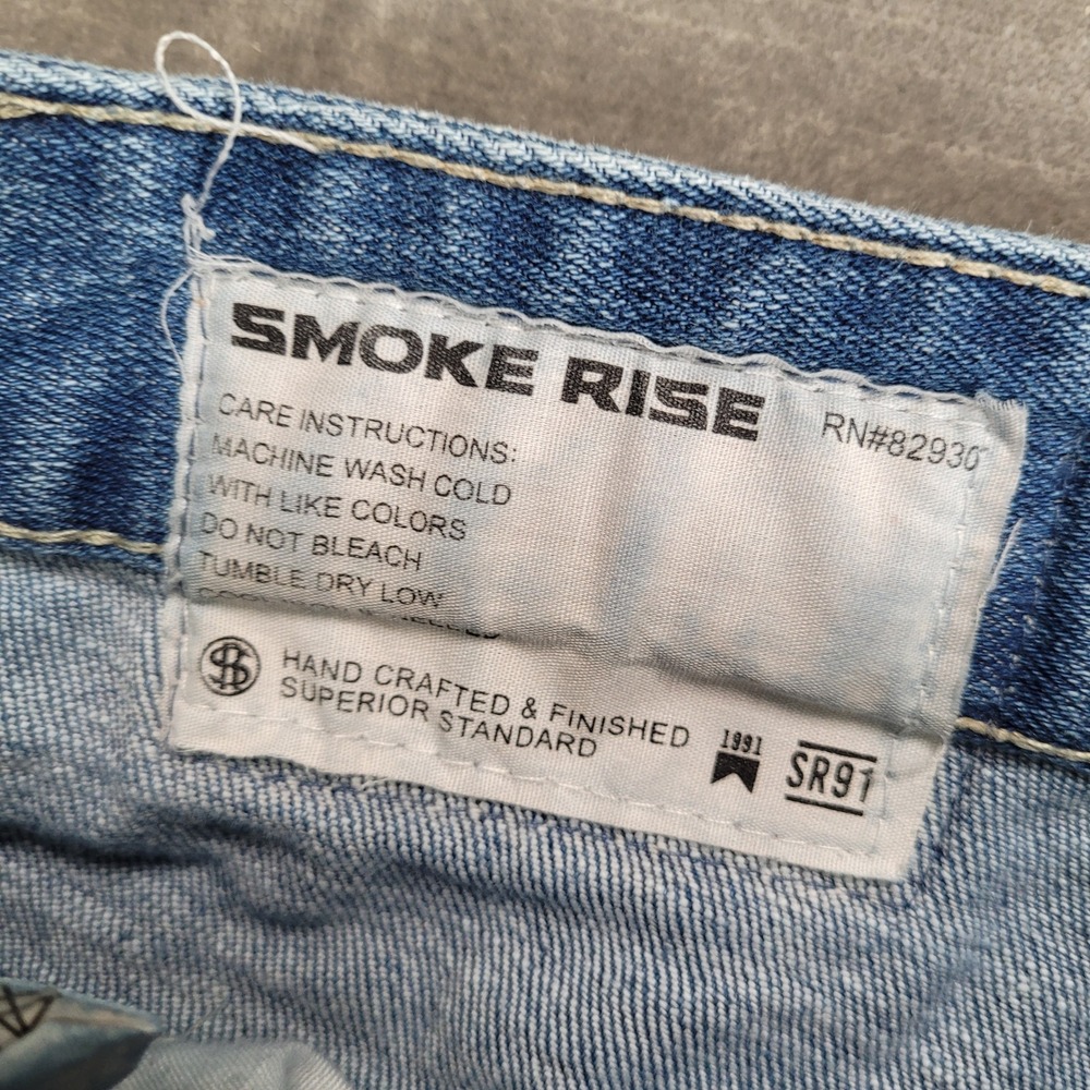 Smoke Rise Mens Distressed Paint Splatter Rhinestone Script Jeans Blue 43x33 - Picture 2 of 9